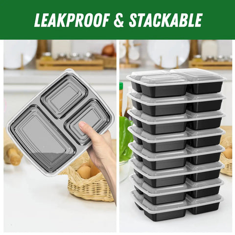 Stack of 32 Ounce Meal Prep Containers With Lids Three Compartment Reusable Plastic To Go Takeout Food Storage Boxes in kitchen