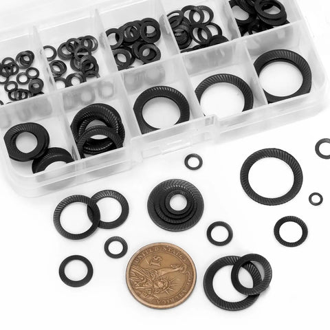 Top Shelf 160 Piece Black Double Side Lock Washer Assortment Kit Featuring Conical Spring Toothed Design for Heavy Duty Garage Projects.