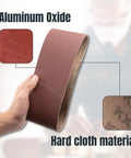 Hand holding Beefy 3x21 Inch Sanding Belts Pack Of Ten 120 Grit Aluminum Oxide for belt sander, highlighting hard cloth material