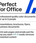 Image with text highlighting features of OfficeJet Pro 9125e Wireless All In One Color Inkjet Printer AI Enabled With Scanning Copying Faxing ADF And Duplex Printing Office Workhorse For Busy Offices Includes Three Month Instant Ink Trial.