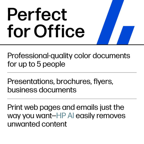 Image with text highlighting features of OfficeJet Pro 9125e Wireless All In One Color Inkjet Printer AI Enabled With Scanning Copying Faxing ADF And Duplex Printing Office Workhorse For Busy Offices Includes Three Month Instant Ink Trial.