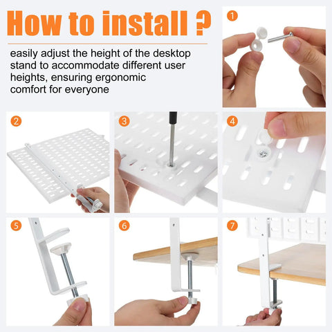 Installation steps for Two Pack White Iron Adjustable Table Rod Stands With Clamps And Pegboard Support Brackets.