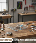 8 Piece Router Template Guide Bushing Kit With Dovetail And Hinge Jigs For Smooth Woodworking Edge Trimming Compatible With Bosch Models showing tools and storage.