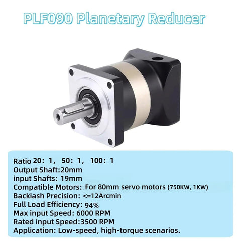 Beefy Planetary Gearbox Speed Reducer 20 To 1 Ratio for 19mm input and 80mm servo motor shows output shaft and specifications