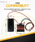 Heavy Duty Hard Start Capacitor Kit For HVAC Units Boosts AC Compressor Power With Smooth Kickstart Relay Upgrade For 1 To 3 Ton Models 88 To 108 Microfarad close-up with dimensions.