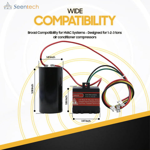 Heavy Duty Hard Start Capacitor Kit For HVAC Units Boosts AC Compressor Power With Smooth Kickstart Relay Upgrade For 1 To 3 Ton Models 88 To 108 Microfarad close-up with dimensions.