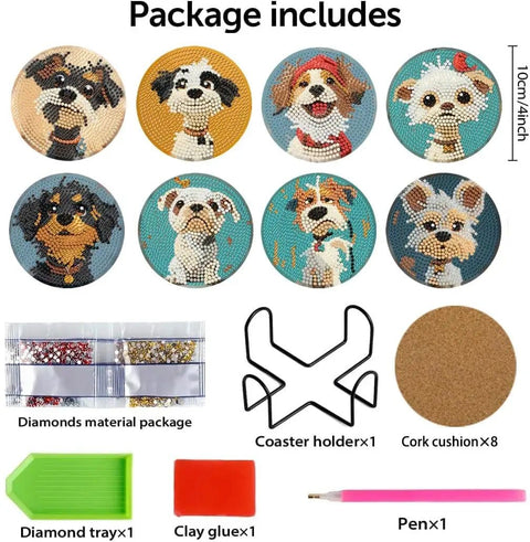 Dog Diamond Art Coaster Kit For Beginners With Holder DIY 8 Pack Diamond Painting Coasters Set Includes Cork Bases Diamonds Pen Glue Tray And Bonus Extra Diamonds For Easy Creative Crafting shown with coasters, cork bases, diamonds, tray, pen, glue, and holder.