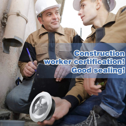 Two construction workers discussing with a 5 Inch End Of Pipe Mechanical Cleanout Plug With Airtight Gasket And Steel Construction.