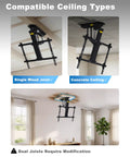 Motorized Drop Down Ceiling TV Mount Fits 32 To 70 Inch Screens With Wireless Remote Holds Up To 88 Lbs Heavy Duty Electric Lift Bracket installed on single wood joist and concrete ceiling.