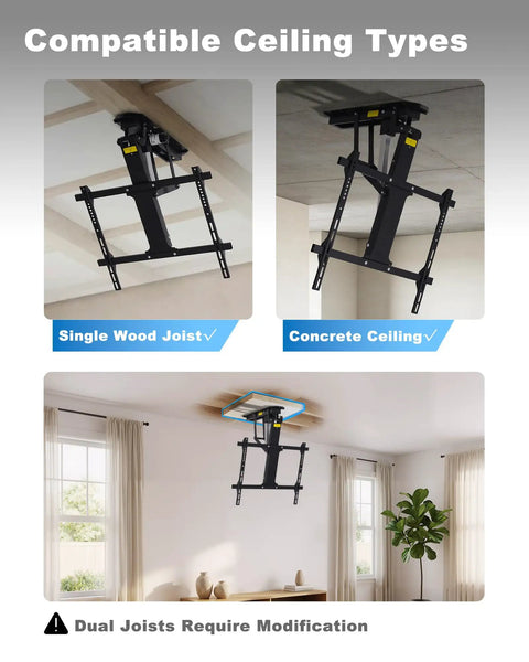 Motorized Drop Down Ceiling TV Mount Fits 32 To 70 Inch Screens With Wireless Remote Holds Up To 88 Lbs Heavy Duty Electric Lift Bracket installed on single wood joist and concrete ceiling.