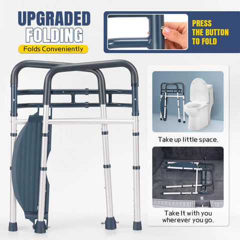 Heavy Duty Bathroom Safety Rails With Footrest And Non Slip Rubber Feet Straight Up Solid Support For Seniors folded for compact storage