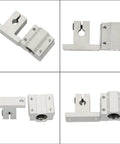 Four aluminum slide blocks showing different angles for the Heavy Duty 8Mm Linear Motion Shaft And 650Mm Hardened Steel Guide Rod Paired With Four SCS8UU Slim Ball Bearings Alongside SK8 Aluminum Slide Blocks For Your No Flex Rig Setup.