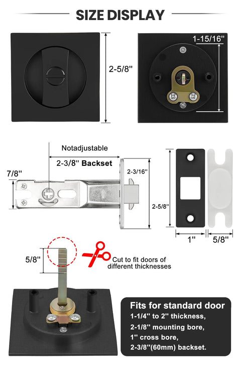 Matte Black Pocket Door Lock Set For Sliding Doors Square Pocket Door Hardware Kit size and dimension display