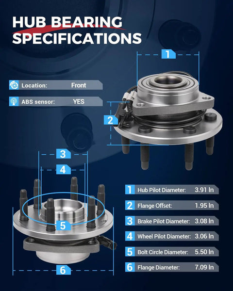 Rock Solid Front Wheel Hub Bearing Assembly With Abs For 2007 To 2014 Cadillac Escalade Escalade Esv Escalade Ext And 2007 To 2013 Chevy Avalanche specifications diagram, size details and sensor information.