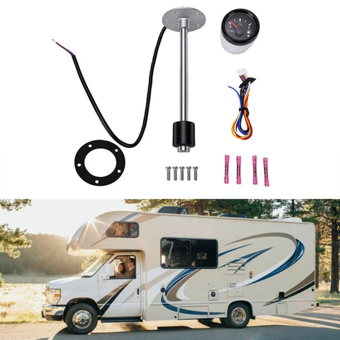 Rock Solid Fuel Water Level Sending Unit Gauge Kit With Hella Accurate 240 33 Ohm Stainless Steel Sender Sensor For Boat Truck Rv Car Featuring Smooth Reading Black Dial Display with stainless steel sender, gauge, wires, and mounting hardware.