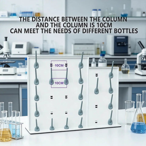 Mobile Laboratory Drying Rack With Detachable Drip Rod For Lab Glassware showing adjustable peg distances for various flask sizes.