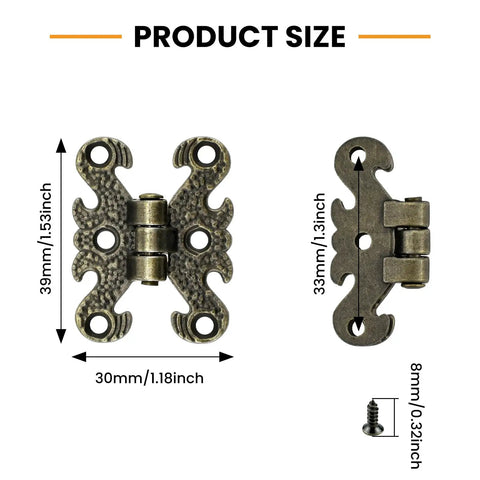 Antique Mini Folding Hinge Set 8 Pieces H Shape Decorative Hinges for Jewelry Boxes Vintage Wooden Cases Cabinets Toolboxes Gift Boxes and Home Decor 39 By 30 Mm, showing hinge dimensions and screws.