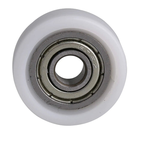 Heavy Duty Nylon Pulley Wheels With Slick Roller Bearings For Breeze To Install Sliding Windows Doors And Cabinet Drawers 5X19X7MM White Coated Finish Pack Of Four, close-up image showing wheel and bearing.
