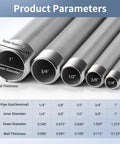 Diagram showing pipe parameters including dimensions and wall thickness for various sizes, related to 304 Stainless Steel Pipe And Three Eighths Inch NPT Male Threaded Nipples Set, Heavy Duty SCH40 Pre Cut, Two Inch Length, For Plumbing Gas Lines Hydraulic Systems And Industrial Use, Two Piece.