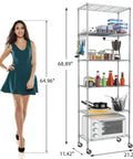 Premium Heavy Lifter 2 Pack 6 Tier Wire Shelving Units with Easy Roll Casters and Rust Free Hooks for No Sweat Home and Garage Organization Flexible Rack Setup next to a person for scale.