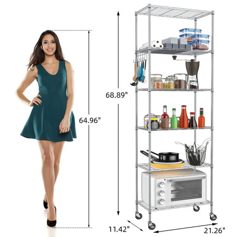 Premium Heavy Lifter 2 Pack 6 Tier Wire Shelving Units with Easy Roll Casters and Rust Free Hooks for No Sweat Home and Garage Organization Flexible Rack Setup next to a person for scale.
