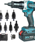 Cordless Electric Rivet Nut Gun With Rechargeable High Capacity Battery And Automatic Riveting For M3 Through M12 Sizes, includes various size attachments.