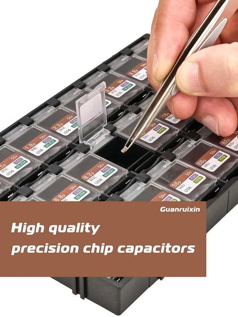 Bang For The Buck SMD Chip Capacitor Assortment Kit Standard 1206 EIA Size Packs in clear bins showing various values.