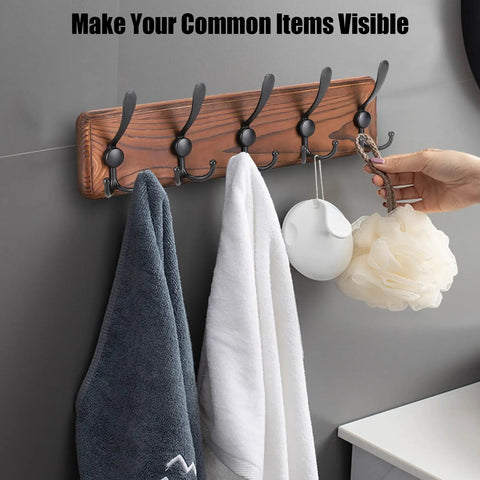 Rustic Wall Mount Coat Rack With Five Triple Hooks Heavy Duty Solid Wood Coat Hanger in use in a bathroom setting