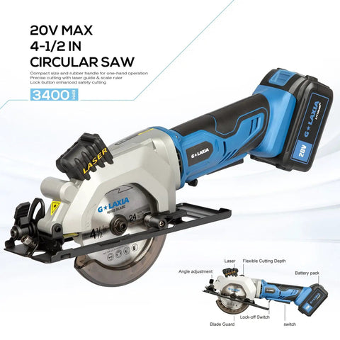 Badass Cordless Mini Circular Saw Featuring 4-1/2-Inch Pure Copper Motor And Integrated Laser Guide For Clean Cuts Rapid Setup Lightweight Build Handles Every Grind Session No Sweat, showcasing laser guide and battery.