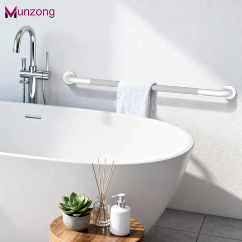 Built Like A Tank Anti Slip Shower Grab Bar Kit With Reliable Stability That Never Lets You Down Includes Three Wall Mount Handrails Perfect For Senior Bathrooms And Easy Bathroom Upgrades In Clean White - White handrail above a bathtub.