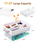 17 Quart Clear Plastic Storage Bins With Four Compartment Removable Tray, stackable latching box with handle, filled with items