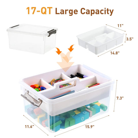 17 Quart Clear Plastic Storage Bins With Four Compartment Removable Tray, stackable latching box with handle, filled with items