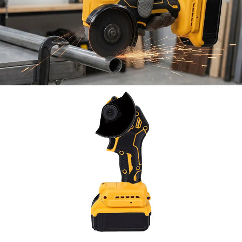 Badass Precise Brushless Mini Circular Saw Sweet Cordless Angle Grinder Hybrid For Wood And Metal Cuts Through Anything Like Butter, cutting metal pipe with sparks.