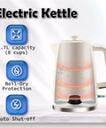 1.7L Electric Kettle With Fast Boil 1200W For Quick Hot Water, beige finish, auto shut off, boil dry protection, 360° design