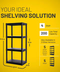 Heavy Duty Four Tier Plastic Storage Shelf Rack In Black 48 X 21 X 14 Inches with 200 lbs capacity, showing dimensions.