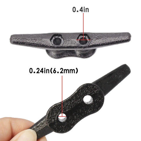 Heavy Duty 4 Inch Black Dock Cleats With Hardware 4 Pack showing dimensions and details, ideal for piers and decks.