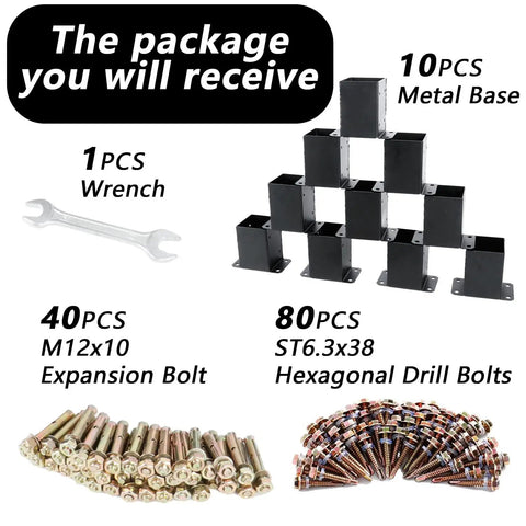 Package contents of Railing Post Base 4X4 Real Size 3.5X3.5 Inches 10 Pack Black With Screws, including wrench and bolts.