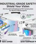 Heavy Duty Photochromic Safety Glasses Featuring Uv400 Polarized Auto Darkening Lenses And Impact Resistant Frames close up with anti-scratch features.