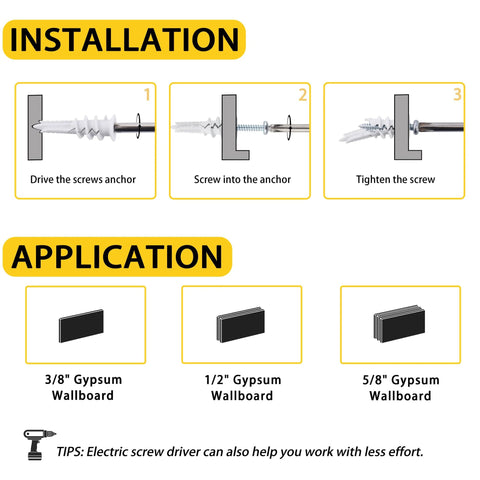 Installation steps for 60Pcs Self Drilling Drywall Anchors And 8 Screws Heavy Duty Wall Anchors For Drywall Holds Up To 75 Lb No Pre Drill Hole Required, showing drive, screw, and tighten instructions.