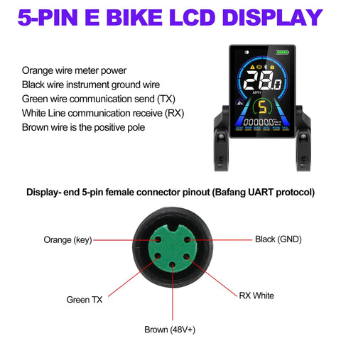 Big Screen E Bike LCD Display With Bluetooth App Control showing 5-pin connector pinout for Bafang UART motors