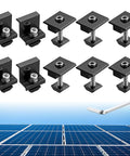 10 Pack Solar Panel Mounting Brackets 1.38 Inch Aluminum Alloy Roof Clamps With 304 Stainless Steel Fasteners displayed on solar panels.