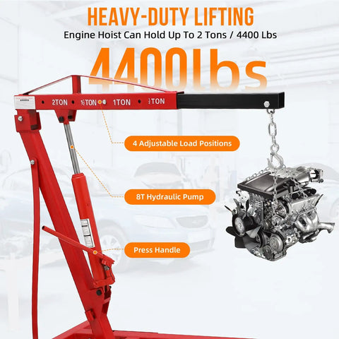 Rock Solid Heavy Duty Folding Engine Hoist 2 Ton 4400 Lbs Hydraulic Tilting Shop Crane showing adjustable load positions and hydraulic pump.
