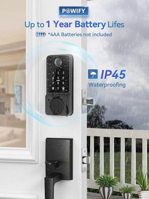 Smart Keyless Entry Door Lock With Handle on an exterior white door, showcasing keypad and handle, Bluetooth App Control Front Lock, black finish.
