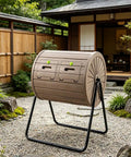 Dual Chamber Compost Tumbler 360 Degree Rotating Drum With Stirring Blades for garden use, wood-like grain finish in outdoor setting