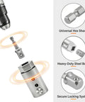 Heavy Duty Trailer Jack Drill Adapter Kit Compatible With 1 Inch Drive Shafts includes heavy-duty steel body and universal hex shank.