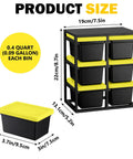 6 Piece Stackable Mini Storage Bins With Bright Yellow Lids And Sturdy Black Rack Compact Plastic Containers size dimensions displayed