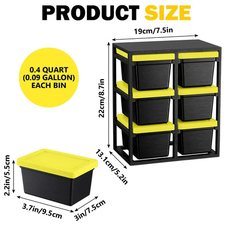 6 Piece Stackable Mini Storage Bins With Bright Yellow Lids And Sturdy Black Rack Compact Plastic Containers size dimensions displayed