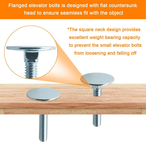 10 Pack Hella Sturdy Elevator Bolts 1/4-20 X 1-1/2 Inch Flat Head Heavy Duty Fasteners on a wooden surface showing seamless fit.