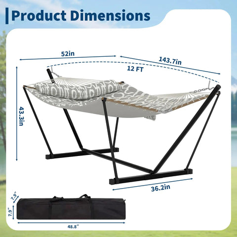 Two Person Hammock With Adjustable Steel Stand And Pillow For Easy Outdoor Lounging, Heavy Duty Portable Set, Handles Up To 450 Lbs, Perfect For Patio Garden Beach Backyard Camping And Chill Sessions shown with dimensions.