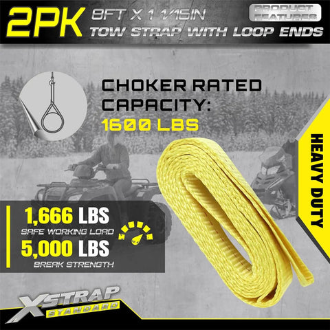 Two Pack Three Quarter Inch By Eight Foot Web Tow Straps Loop End Design delivering 5000 Pound Break Strength with heavy duty capacity.